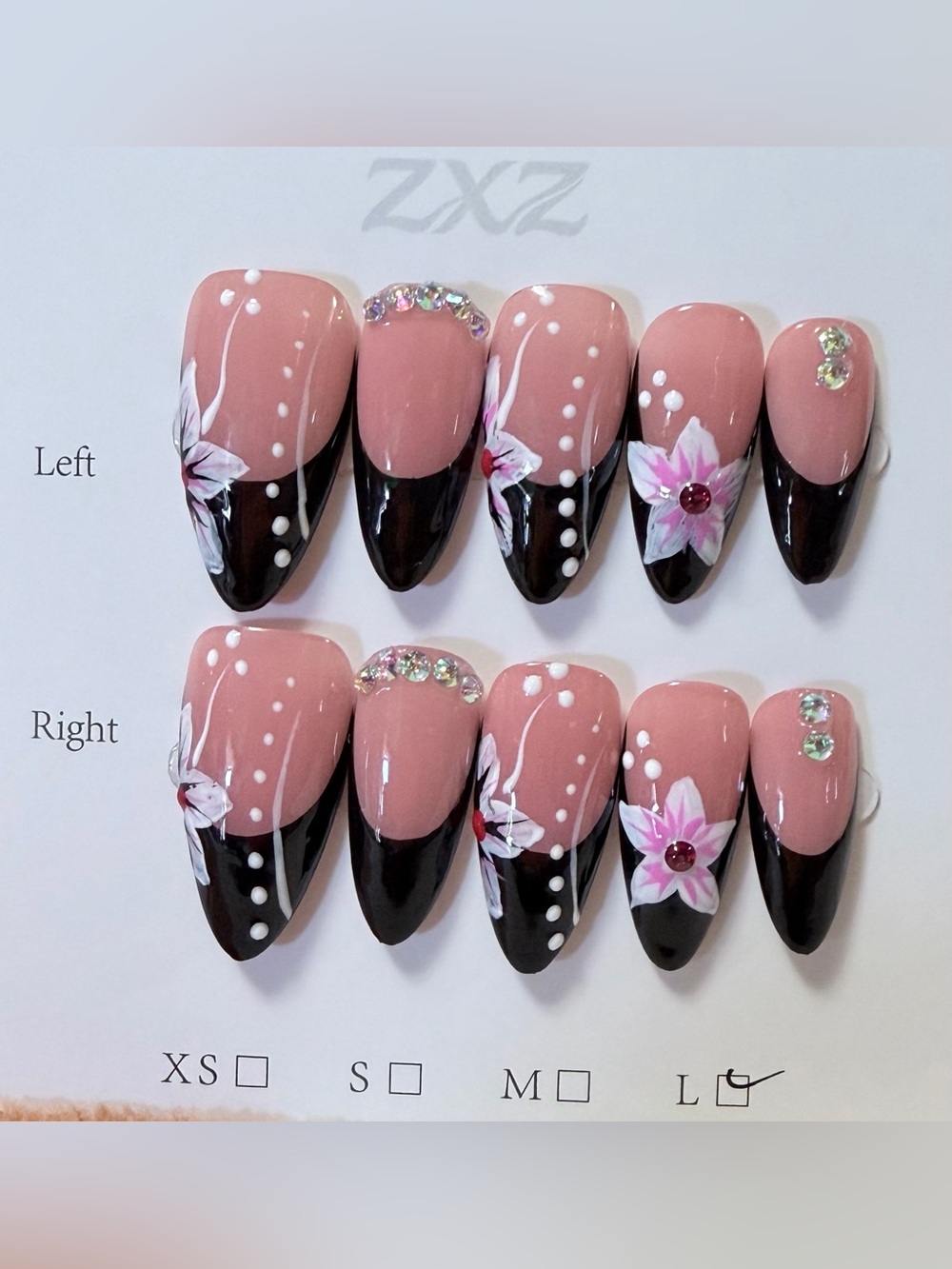 Elegant Pink and Black Floral Press-On Nails - Women Makeup